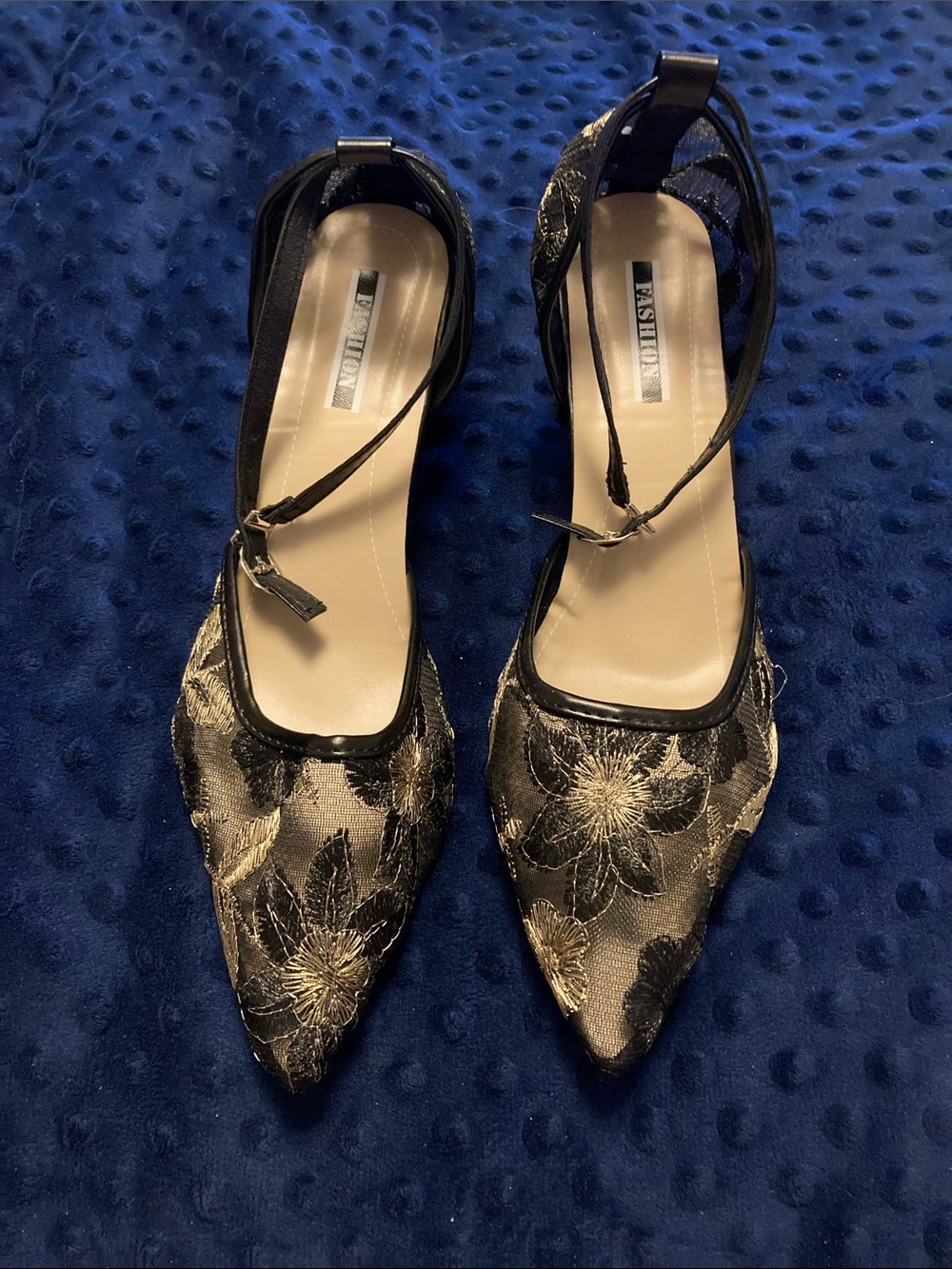 SHEIN Black and Gold Floral Pointed-Toe Slingback Flats